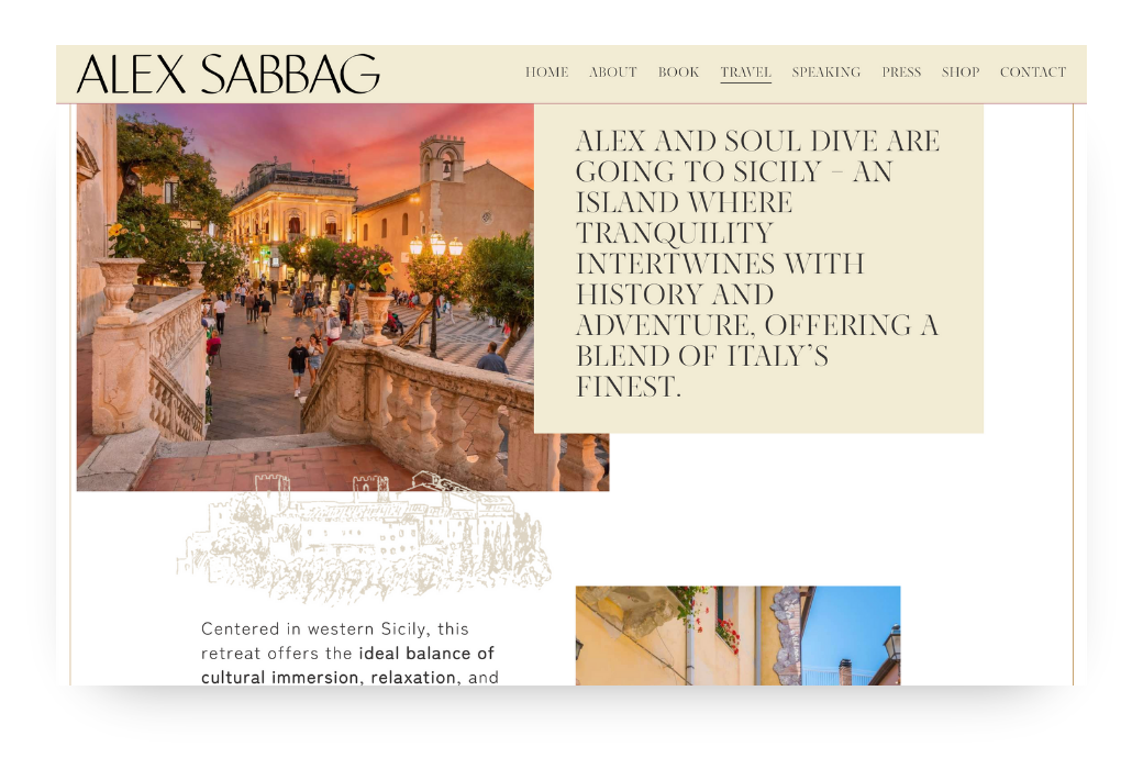 A travel website page with a photo of a sunset over a busy Italian street, with buildings, trees, and people walking, and a beige background with text about visiting Sicily.