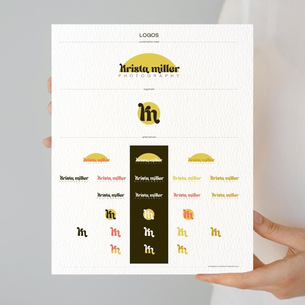 A design board displaying various logo concepts and alternatives for 'Krista Miller Photography', including wordmarks, initials, and color variations.