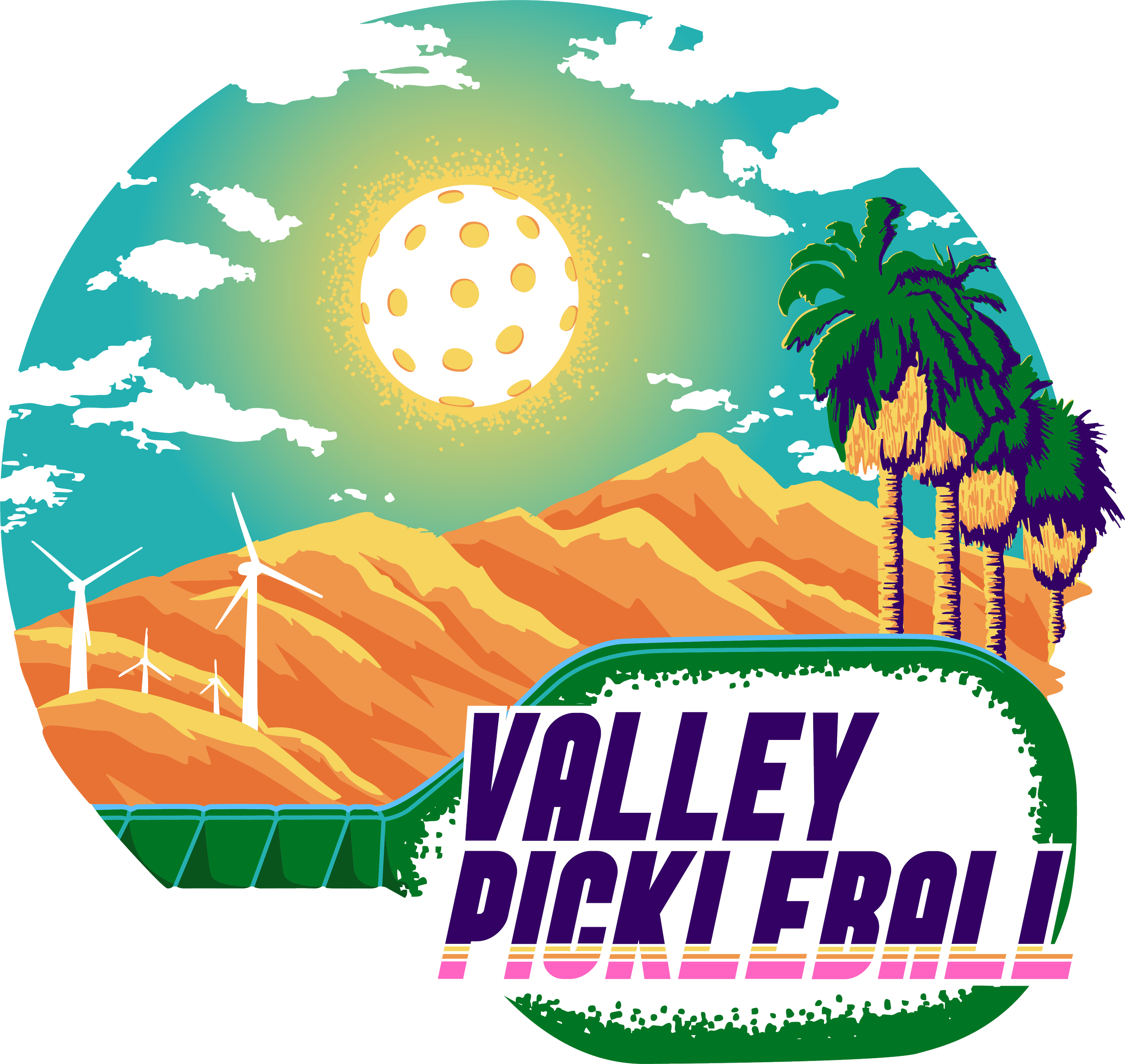 Illustration of a valley with mountains, palm trees, and wind turbines under a sky with clouds and a large colorful sun.