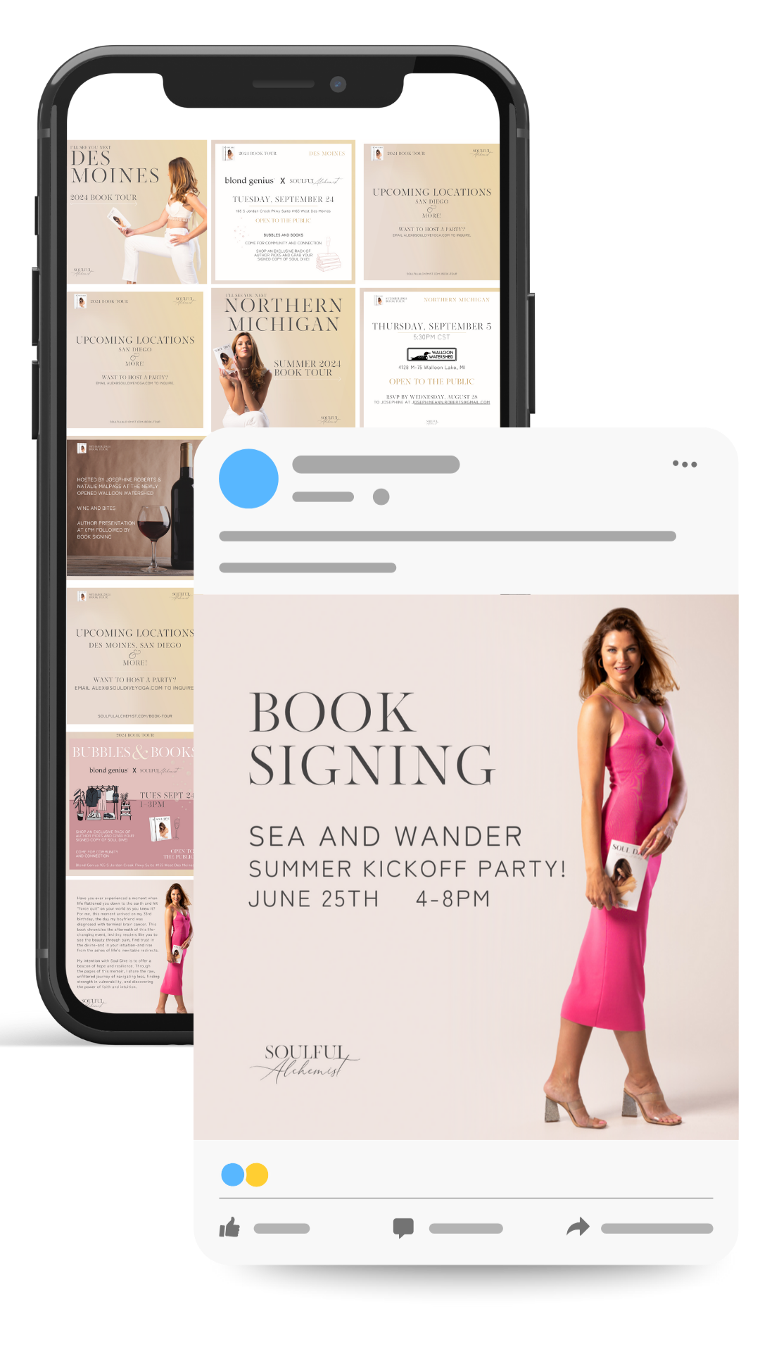 A social media post advertising a book signing event for 'Sea and Wander' by Soulful Alchemist, scheduled for June 25th from 4 to 8 PM, featuring a woman in a pink dress holding a copy of the book.