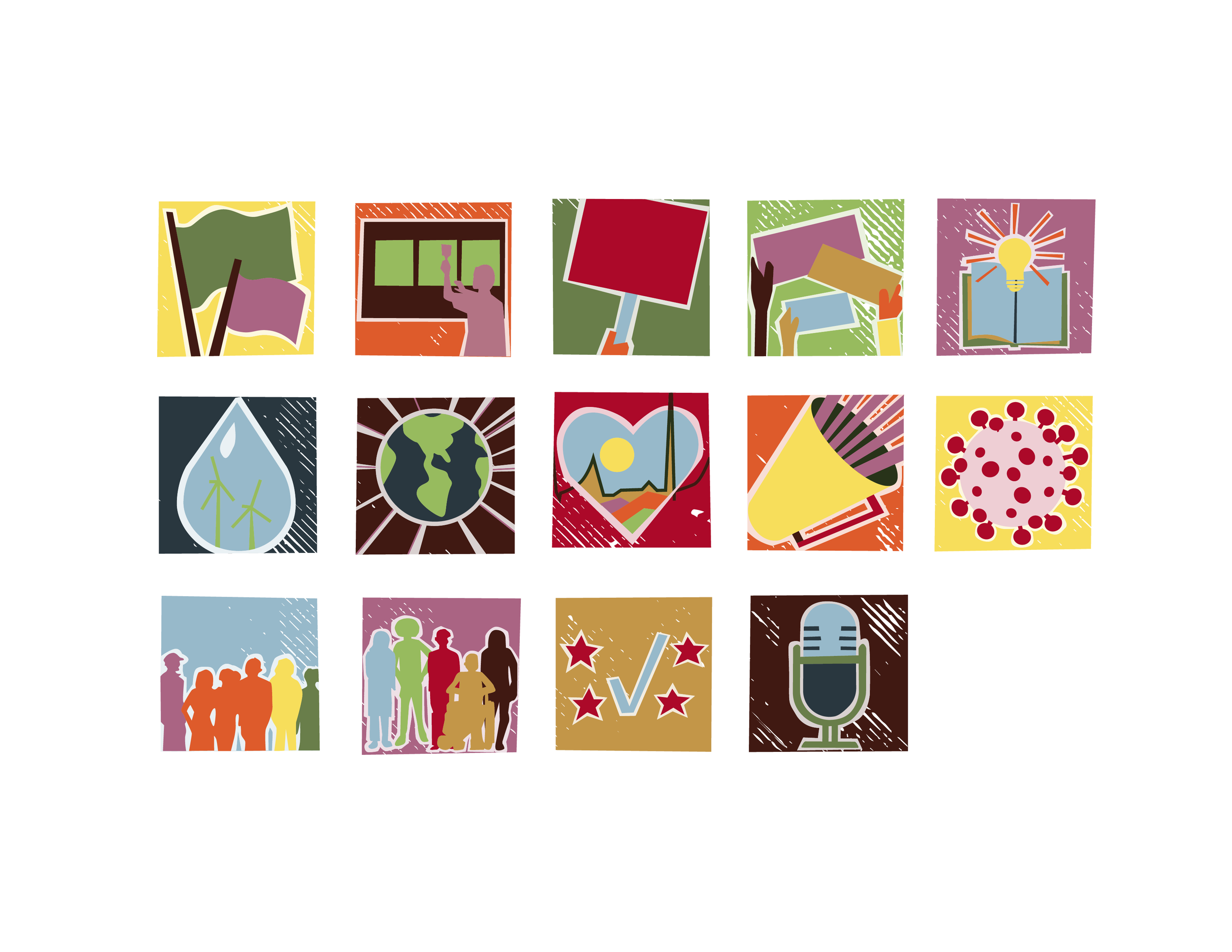 Collection of 15 illustrated icons representing social activism, climate change, environmental issues, democracy, and community, arranged in a grid.