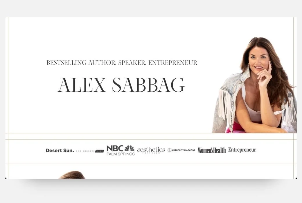 A promotional banner for a bestselling author, speaker, and entrepreneur. The banner features a photo of her smiling with her hand on her chin, and includes logos of media outlets and magazines such as NBC, Women's Health, and Desert Sun.