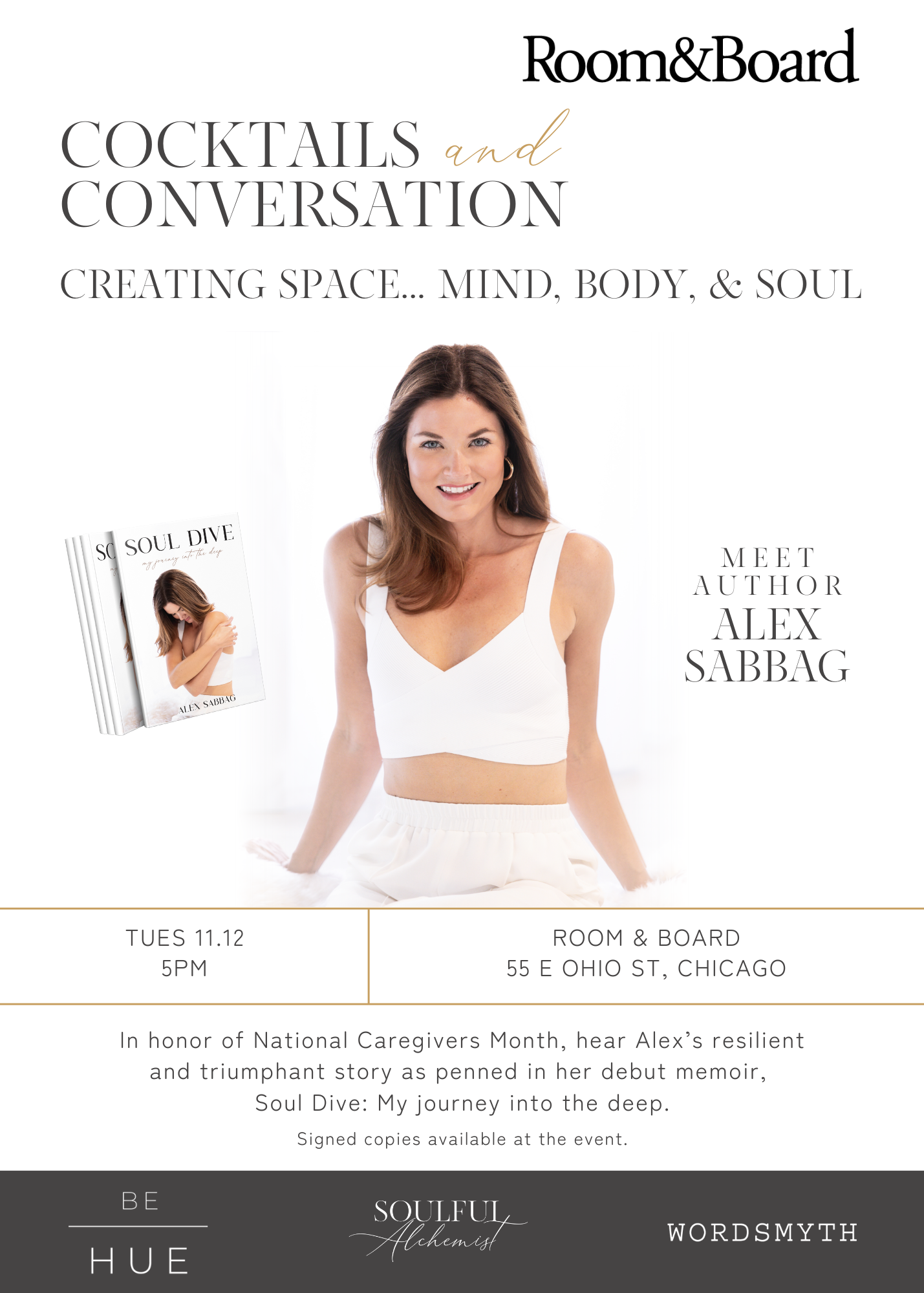 Event invitation for a Cocktails and Conversation gathering with a photo of a woman, the event date, time, location, and information about her debut memoir, Soul Dive.
