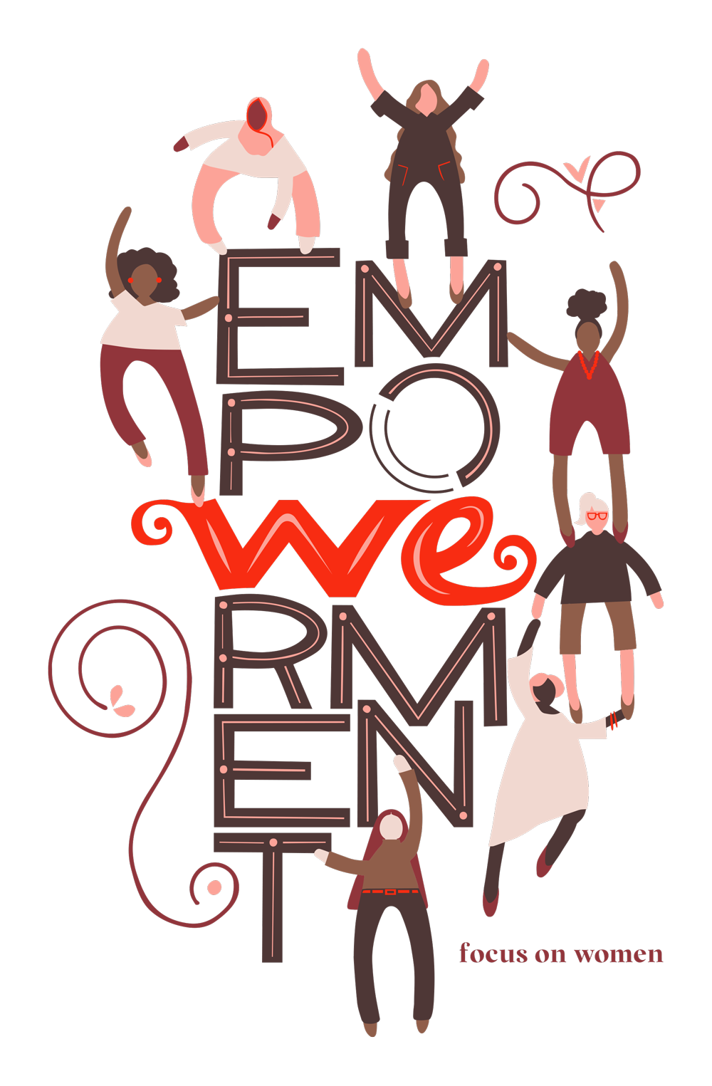 Illustration of diverse women climbing and surrounding a large 3D text that reads 'Women'. The words 'FEMPO' and 'women' are integrated into the design, emphasizing focus on women and empowerment.