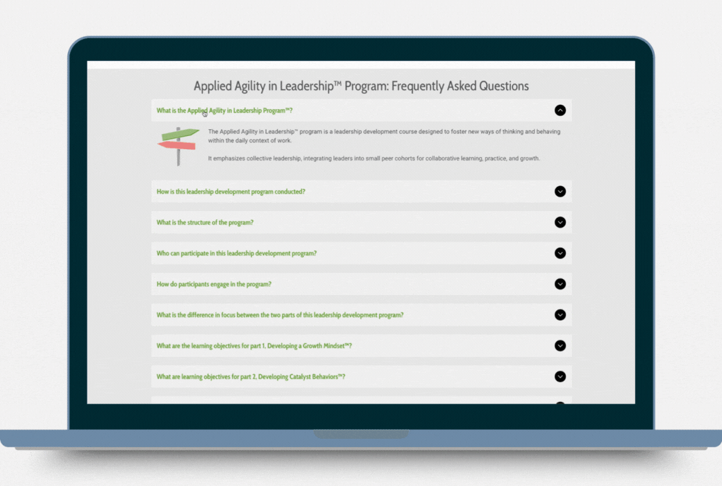 Laptop screen displaying a FAQ page titled 'Applied Agility in Leadership Program: Frequently Asked Questions' with questions about the program on a white background.