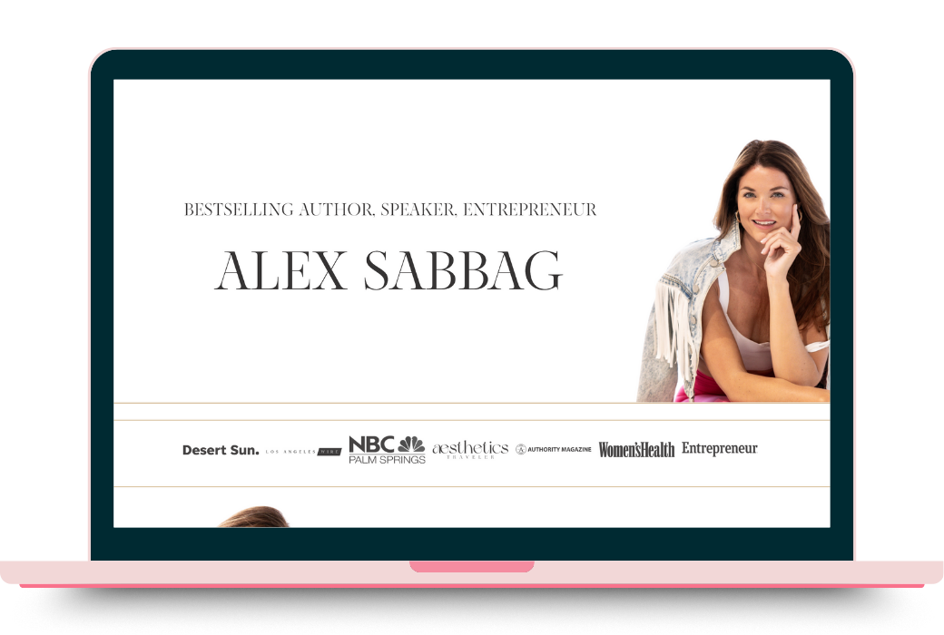 Web page of an author, speaker, entrepreneur, with a photo of her smiling and resting her chin on her hand.