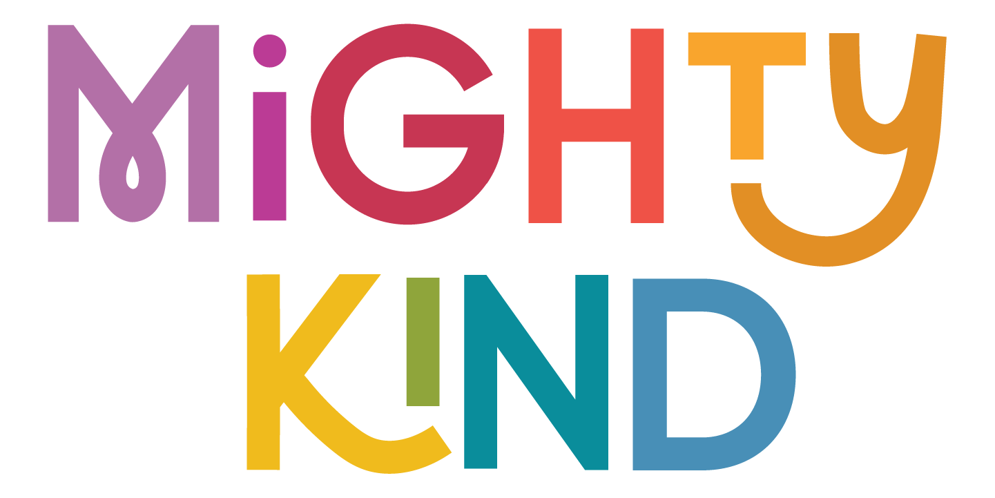 Colorful text with the phrase 'Mighty Kid' in various vibrant colors and playful font styles.
