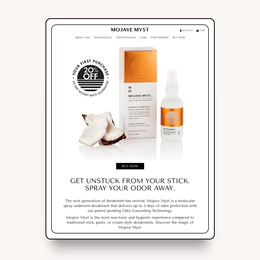 A product advertisement for Mojave Myst, a molecular spray deodorant, featuring a spray bottle, its box and coconut slices, with a 20% first purchase discount badge.