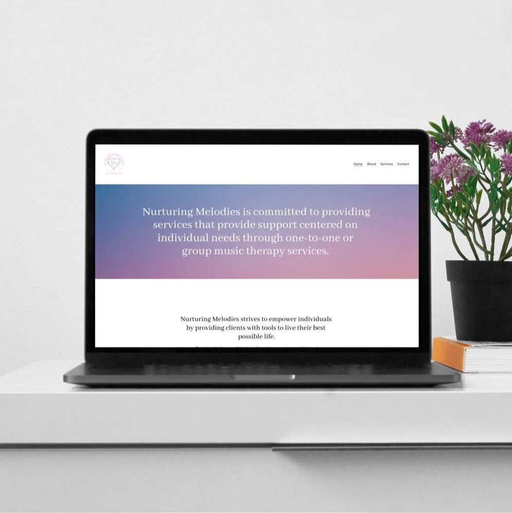Laptop on a white desk displaying a website for Nurturing Melodies, with a potted plant and a stack of books on the side.