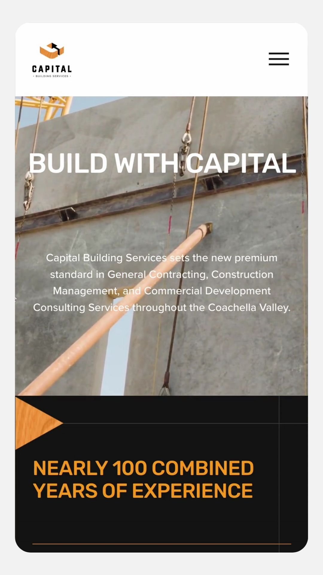 Homepage of Capital Building Services featuring construction site background with text 'Build with Capital' and information about their services in the Coachella Valley.