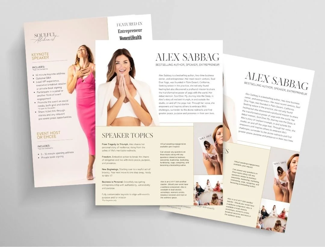 Brochure featuring images and texts about keynote speaking, entrepreneurship, and personal resilience.