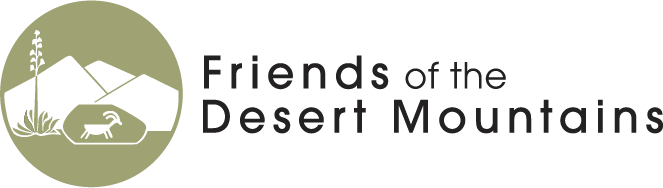 Logo for Friends of the Desert Mountains, featuring a desert scene with a cactus, a mountain range, and a desert tortoise inside a circle