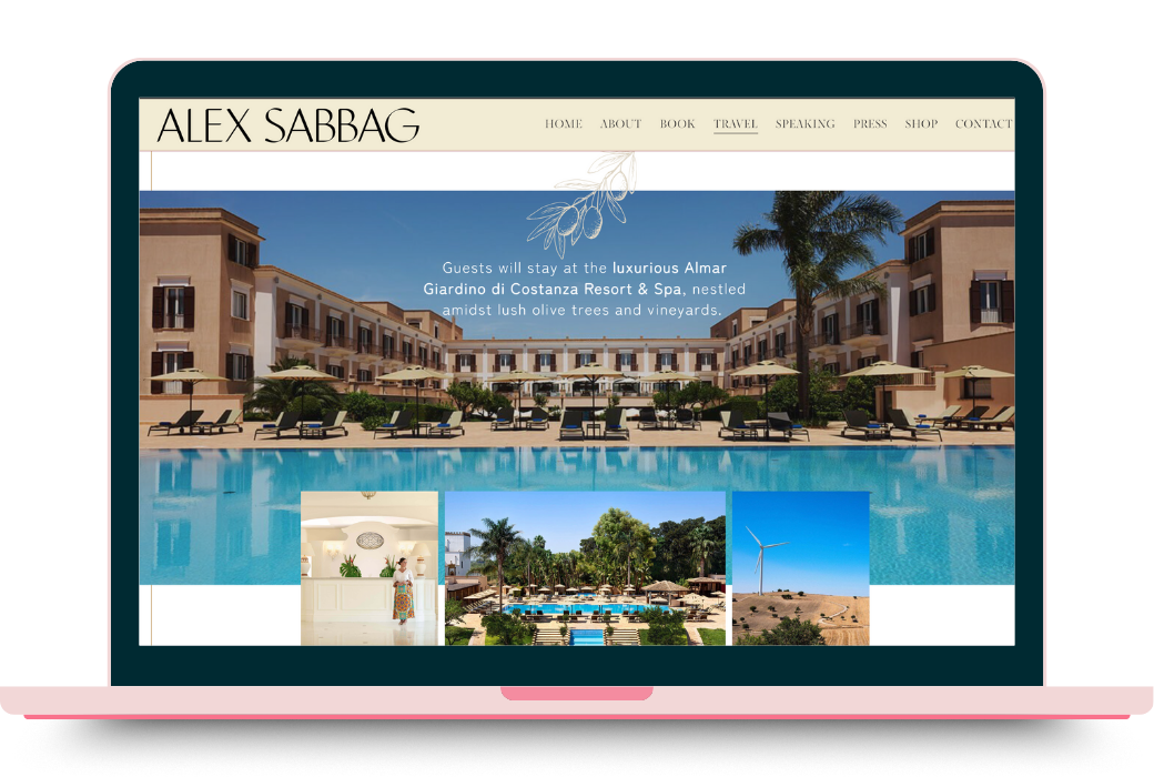 Website page featuring a luxurious hotel pool area, images of the hotel, pool, and surrounding landscape, with navigation menu links such as Home, About, Book, Travel, Speaking, Press, Shop, and Contact.