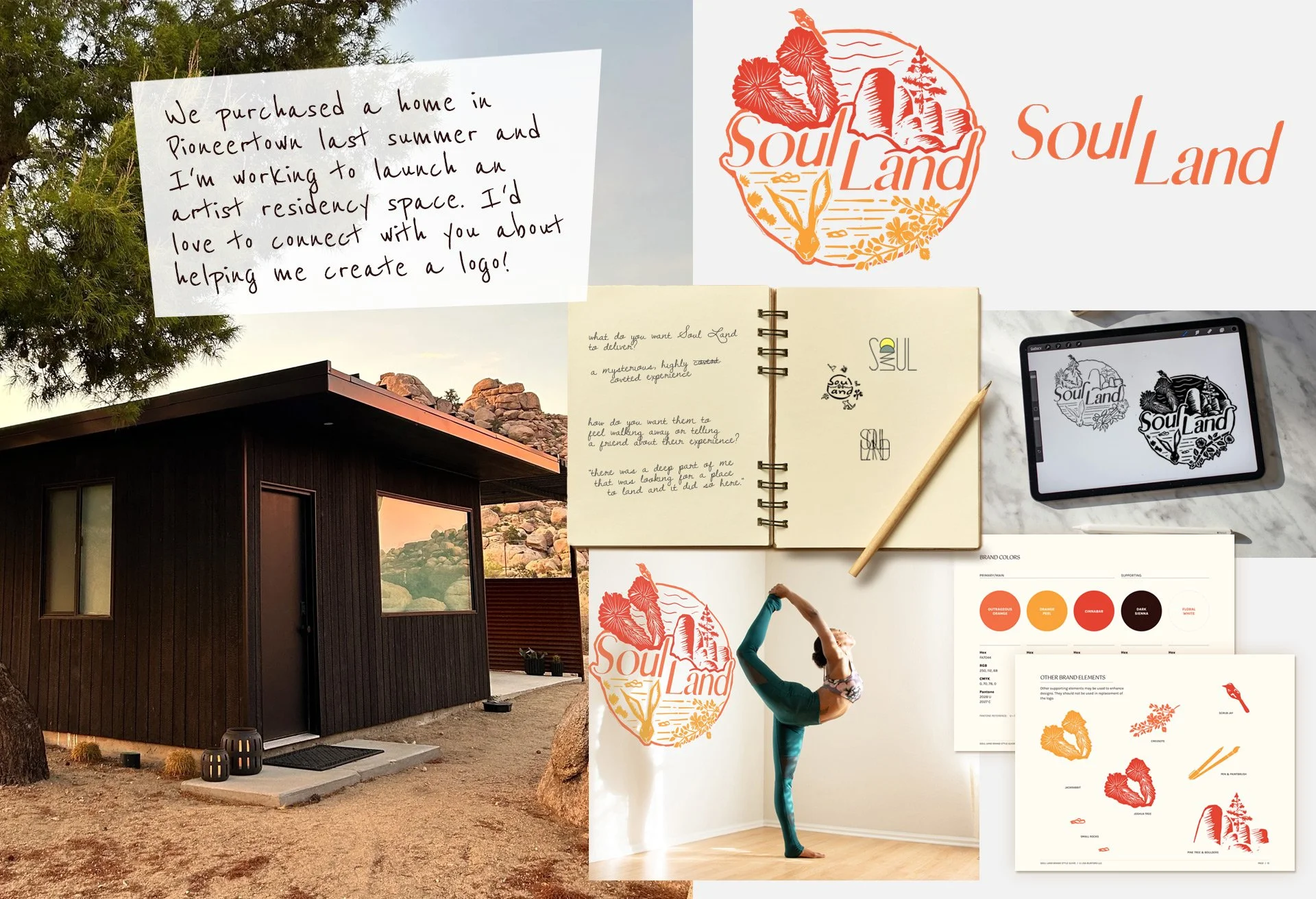 A collage of images related to Soul Land, including a small modern house in a desert-like environment, branding materials with logo and color palettes, a notebook with handwritten notes about Soul Land, a digital tablet displaying the Soul Land logo, and a woman practicing yoga indoors in front of a wall with the Soul Land logo.
