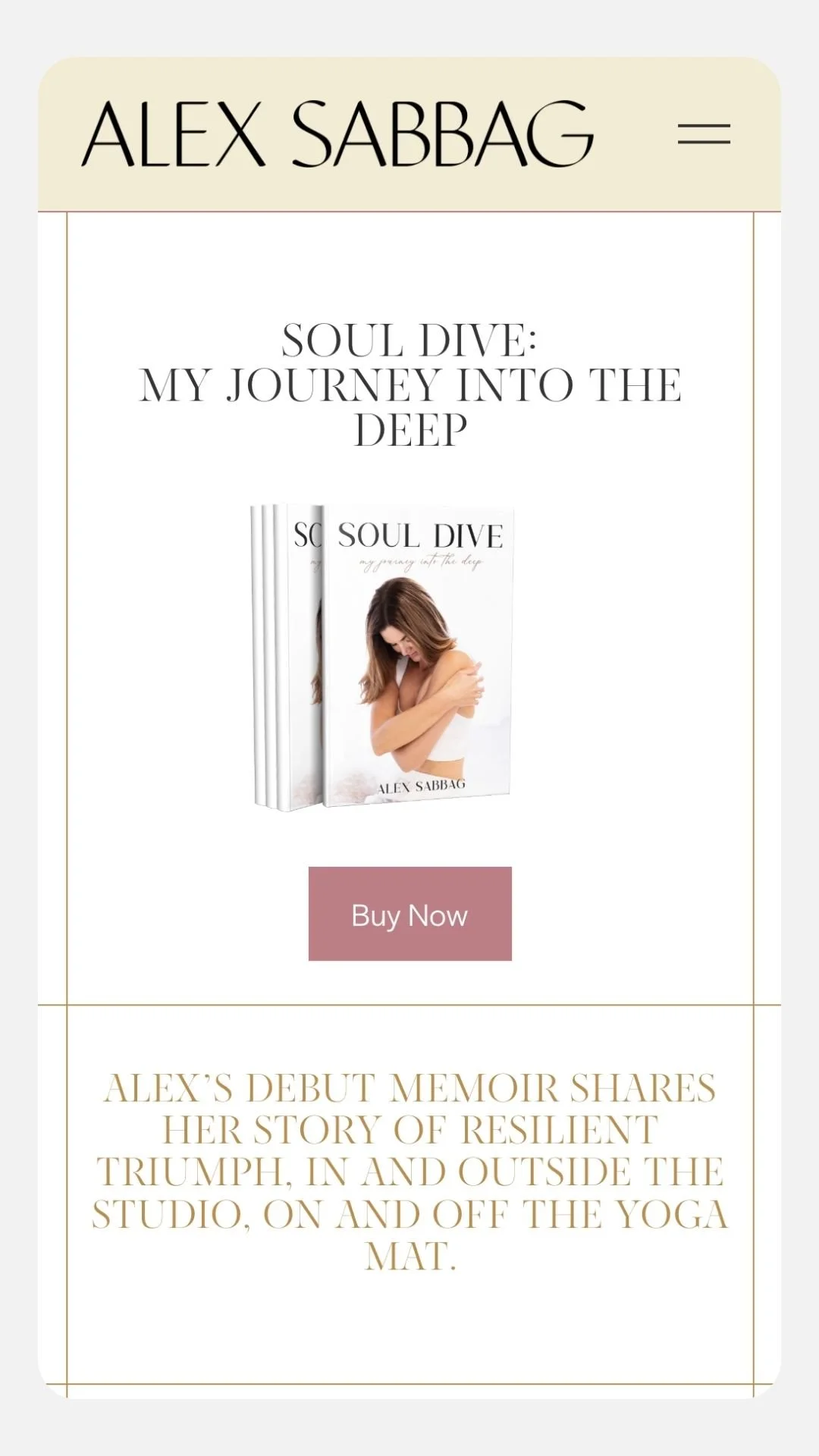 Book cover titled 'Soul Dive', featuring a woman with long hair hugging herself, displayed with a 'Buy Now' button beneath and a description about the memoir sharing her story of resilience and triumph.