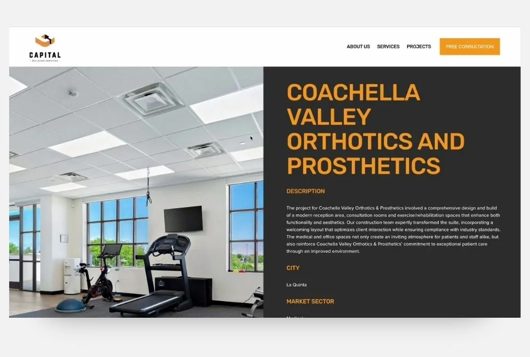 Website homepage showcasing Coachella Valley Orthotics and Prosthetics, with a photo of a modern medical rehab room featuring exercise equipment, large windows, and a wall-mounted television.