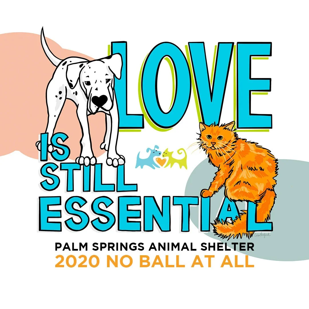 Graphic design promoting Palm Springs Animal Shelter, with a Dogo Argentino and an orange cat, and the text 'Love is still essential, 2020 No ball at all'.