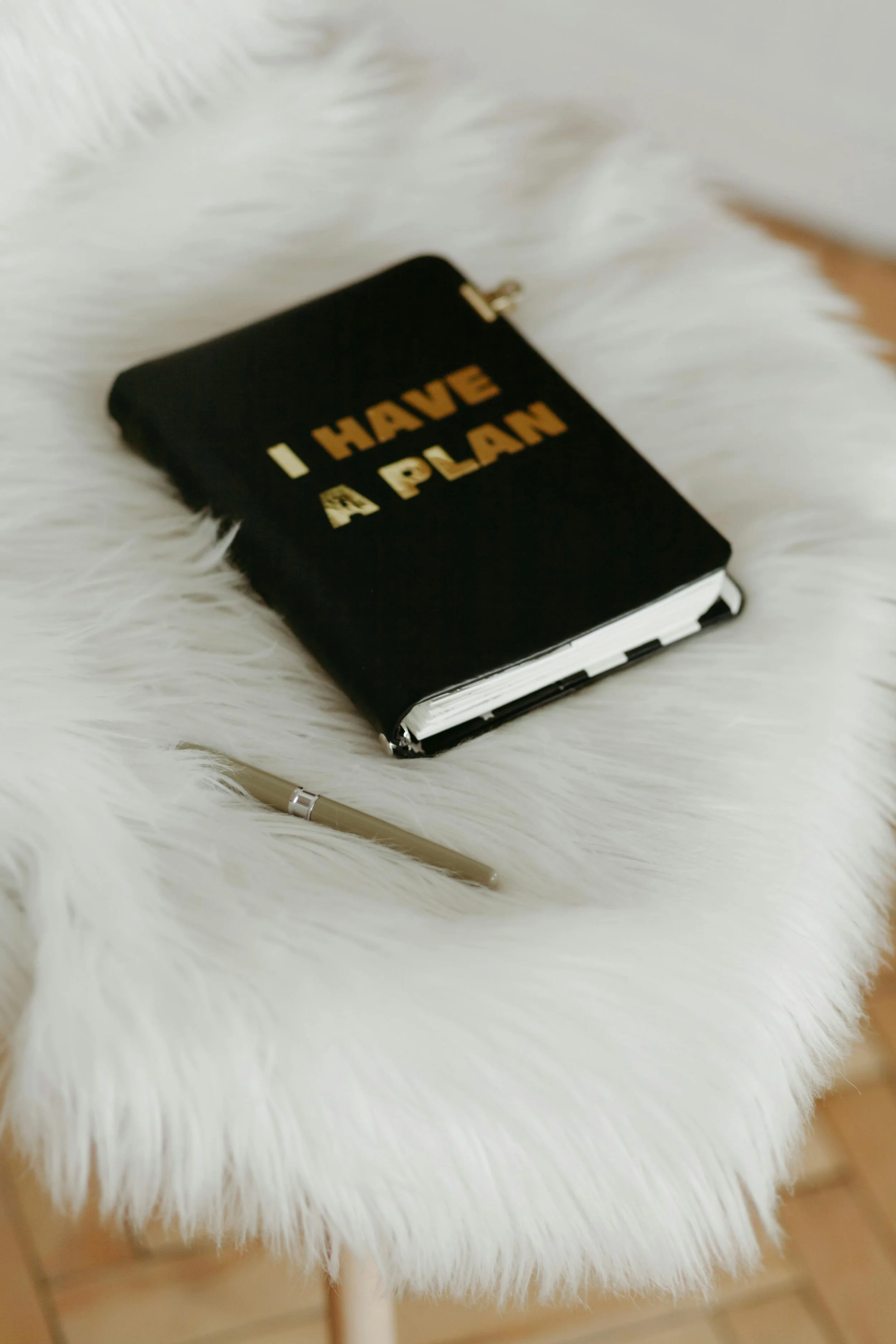 A black notebook with gold lettering that says 'I HAVE A PLAN' placed on a white furry surface, with a gold pen nearby.