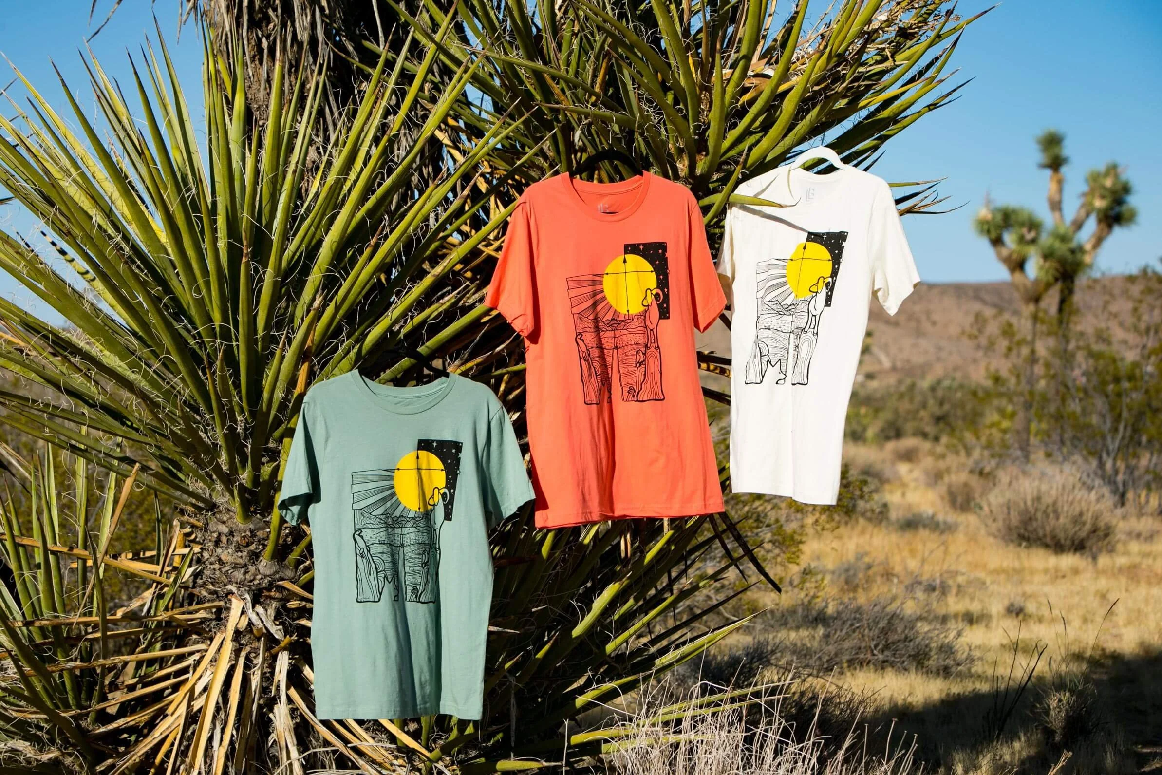 Three colorful T-shirts hanging from a tree in a desert landscape, featuring a graphic of the sun and a desert scene.