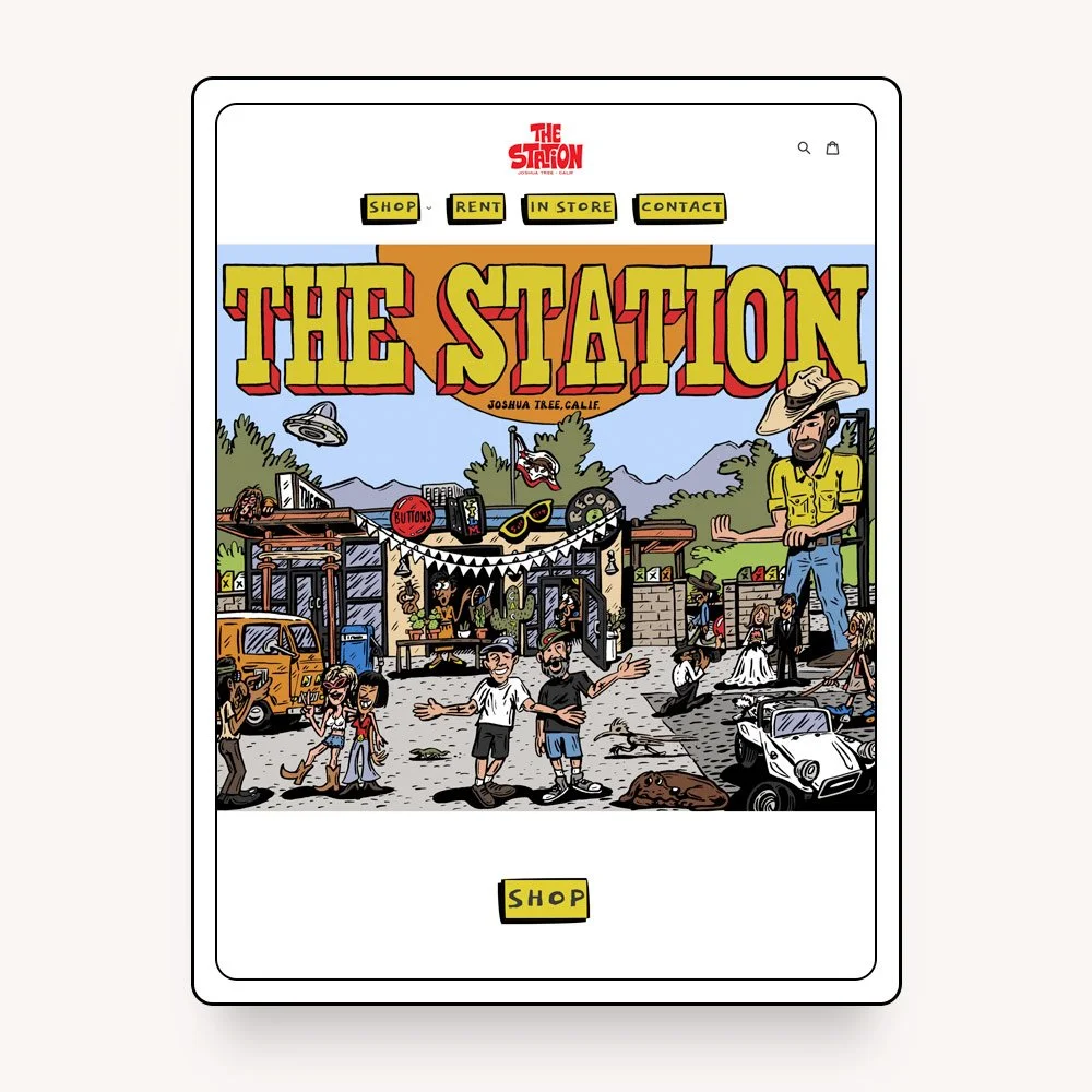 Website for 'The Station' in Joshua Tree, California, featuring people, vintage cars, a small building, and decorative signage and banners.