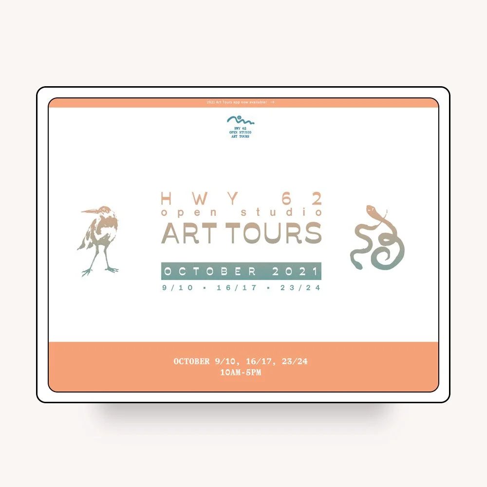 Graphic for HWY 62 Open Studio Art Tours in October 2021, showing dates and times, with illustrations of a bird and a snake.