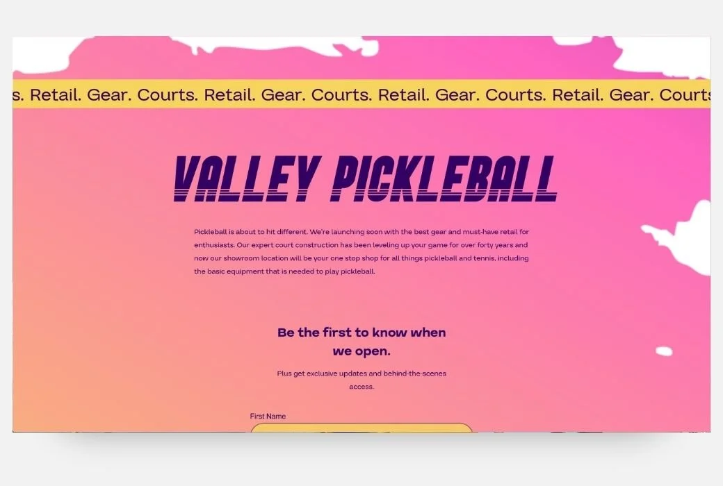 Pink gradient background with bold purple text that says "Valley Pickleball" and smaller paragraph text about launching a pickleball gear and retail store.