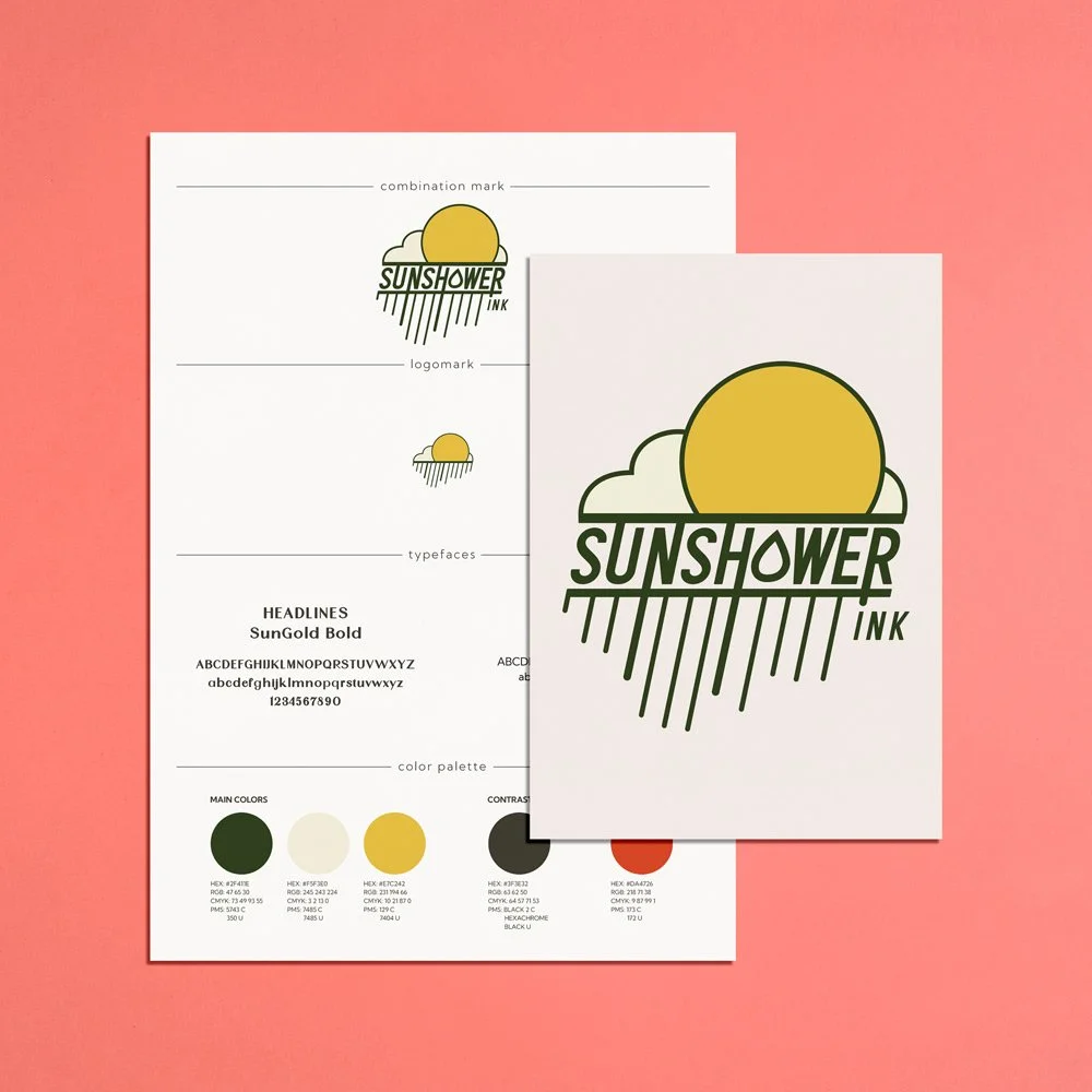 A logo design with a yellow sun partially behind a green cloud, with green lines resembling rain. The text 'SUNSHOWER INK' is prominently displayed in bold, uppercase green letters, with 'IN' and 'K' smaller and positioned to the right. The logo is shown on a white card placed on a pink background, along with a branding sheet detailing color palette, fonts, and logo usage.
