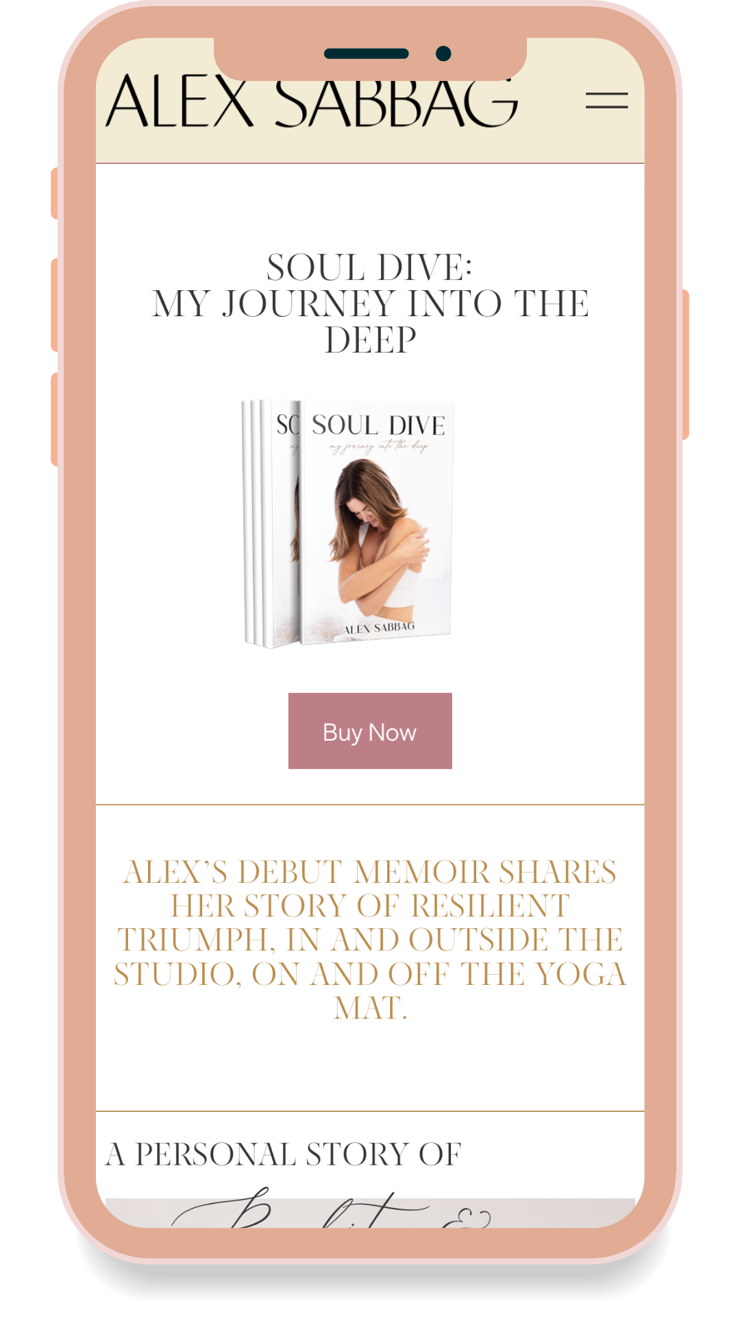 Screenshot of a mobile webpage promoting the book "Soul Dive", with a photo of a woman hugging herself, a "Buy Now" button, and a brief description of the book.