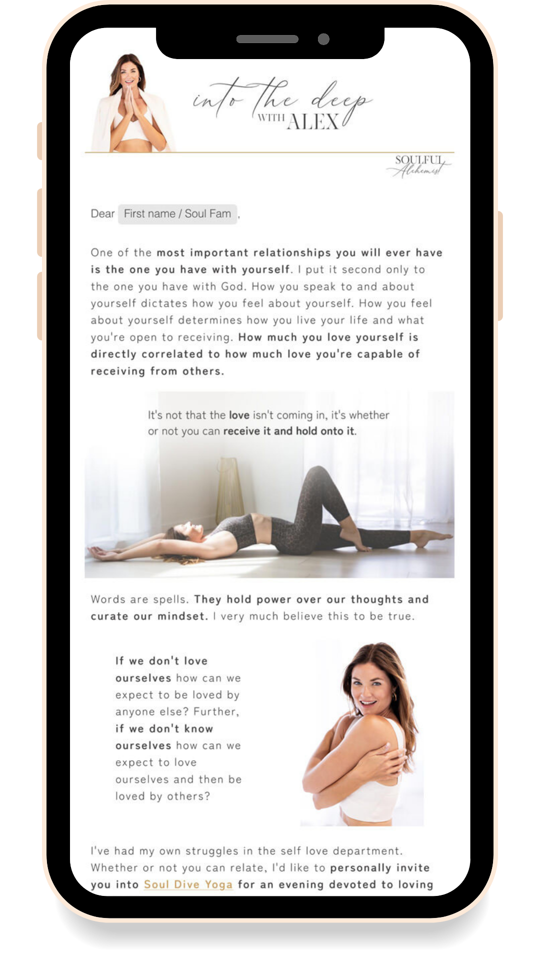 An email newsletter titled 'Into the Deep with Alex' featuring images of women, one lying on the floor in a yoga pose and another hugging herself, discussing self-love and mindfulness.
