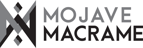 Mojave Macrame logo with stylized black and gray geometric design and text.