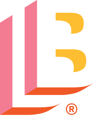 Graphic logo with pink, orange, and yellow lines showing the letters L and B