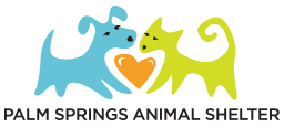 Logo for Palm Springs Animal Shelter featuring a stylized blue dog and yellow cat, with a heart in between them.