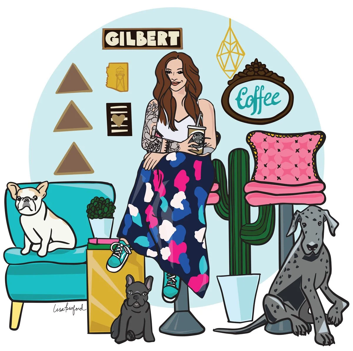 Illustration of a woman with long brown hair, wearing a white top and colorful skirt, sitting on a stool, holding a coffee cup. Surrounding her are two dogs, a French Bulldog on a blue chair and a Great Dane sitting beside a cactus. There is also a small black dog sitting on the floor. The background features wall decor including signs labeled "Gilbert" and "Coffee," a yellow water tower image, and geometric hanging lights.