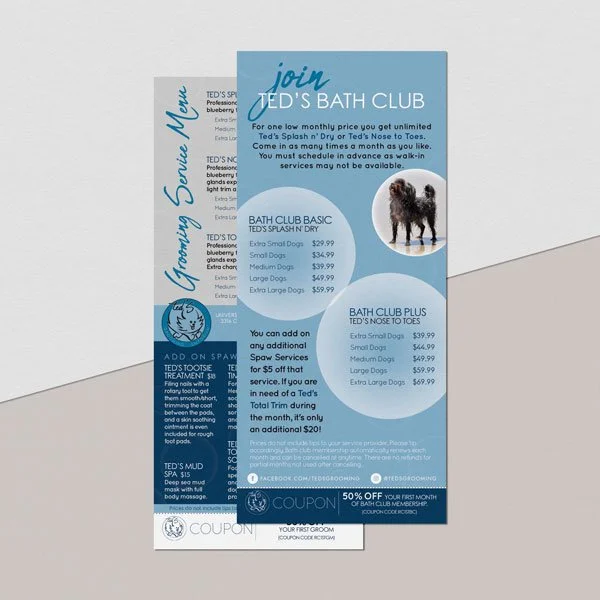 Blue promotional flyer for Ted's Bath Club, offering memberships and spa services, with images of dogs and text detailing prices and membership discounts.