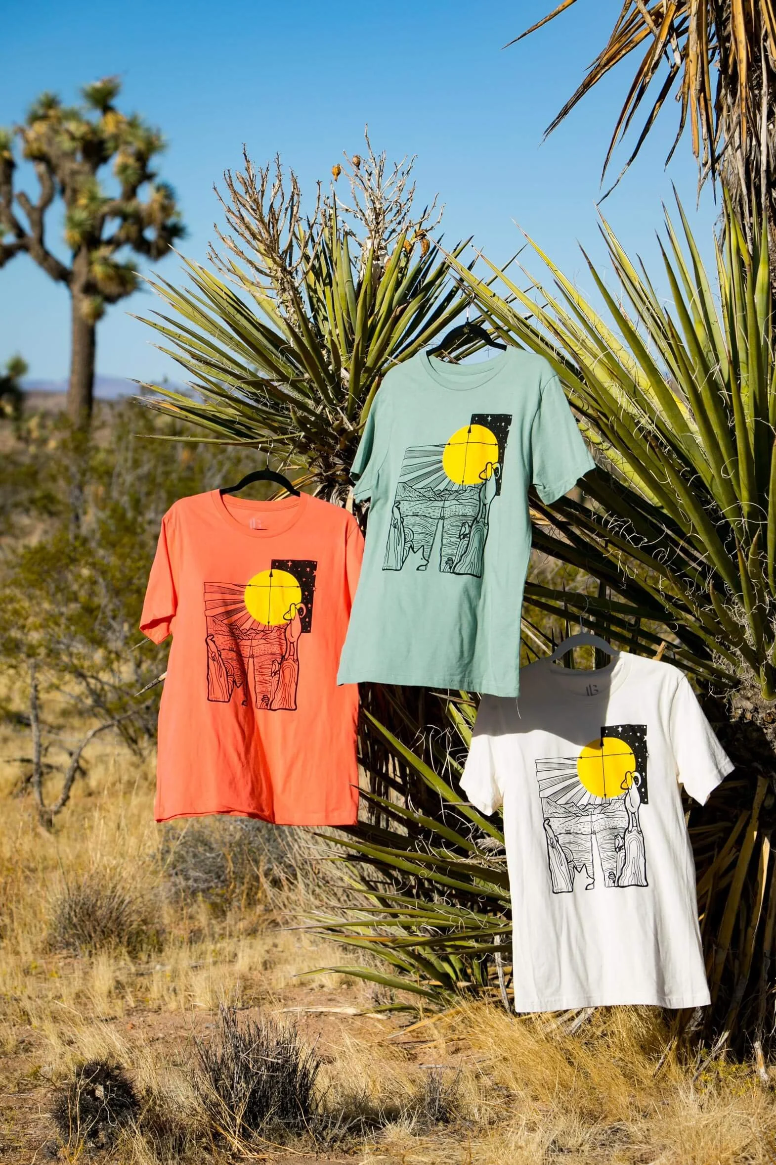 Three T-shirts with a desert and sunset graphic hanging on a desert plant in a desert landscape.