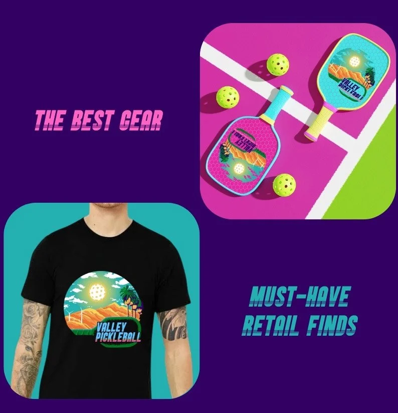 A graphic design image showcasing a Valley Pickleball set and themed apparel. The top right features two pickleball paddles with Valley Pickleball logos and three yellow pickleballs on a colorful court. The bottom left displays a person wearing a black t-shirt with a Valley Pickleball graphic. Text reads "THE BEST GEAR" and "MUST-HAVE RETAIL FINDS" in stylized fonts.