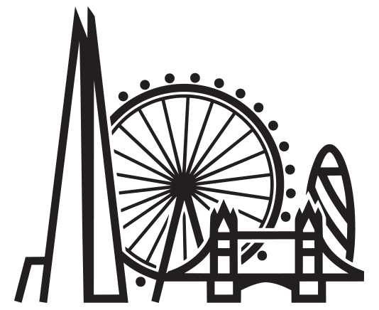black and white London city scape logo showing iconic buildings