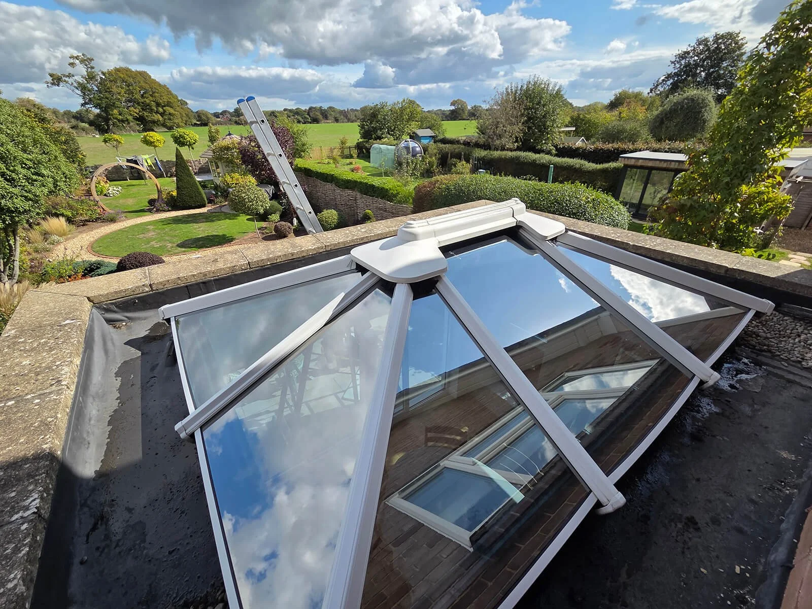 Exterior sun control window film installed on lantern roof