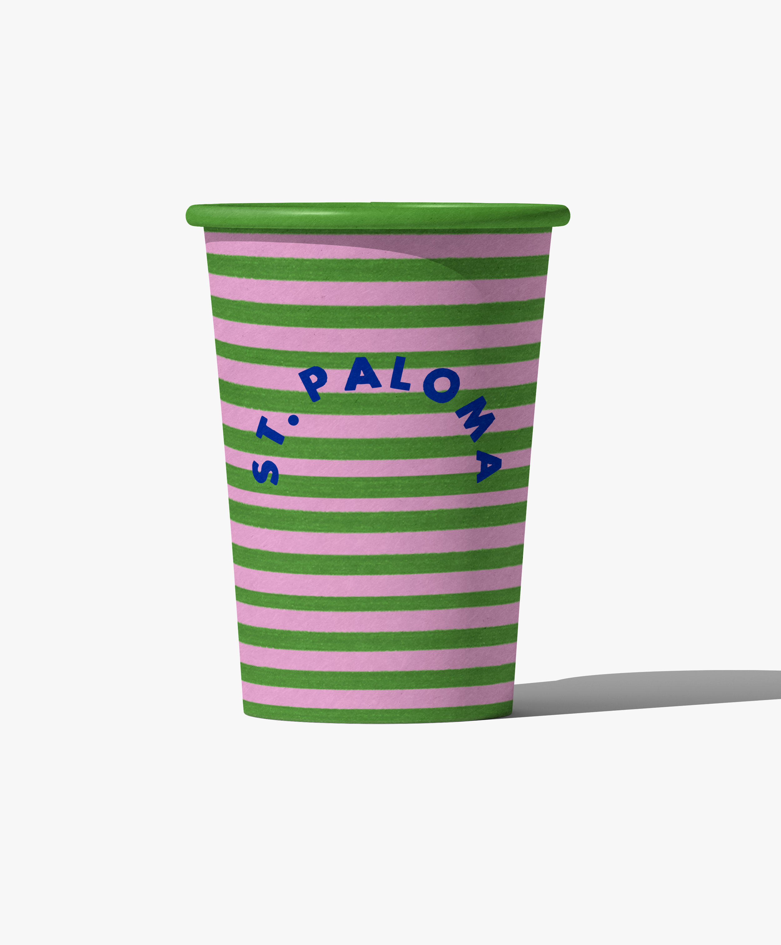 A paper cup with green and pink horizontal stripes and the blue text 'T. PALO MIA' on it.
