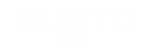 GUSTO Group logo with the word "GUSTO" in bold white letters and "Group" in smaller font underneath, on a black background.
