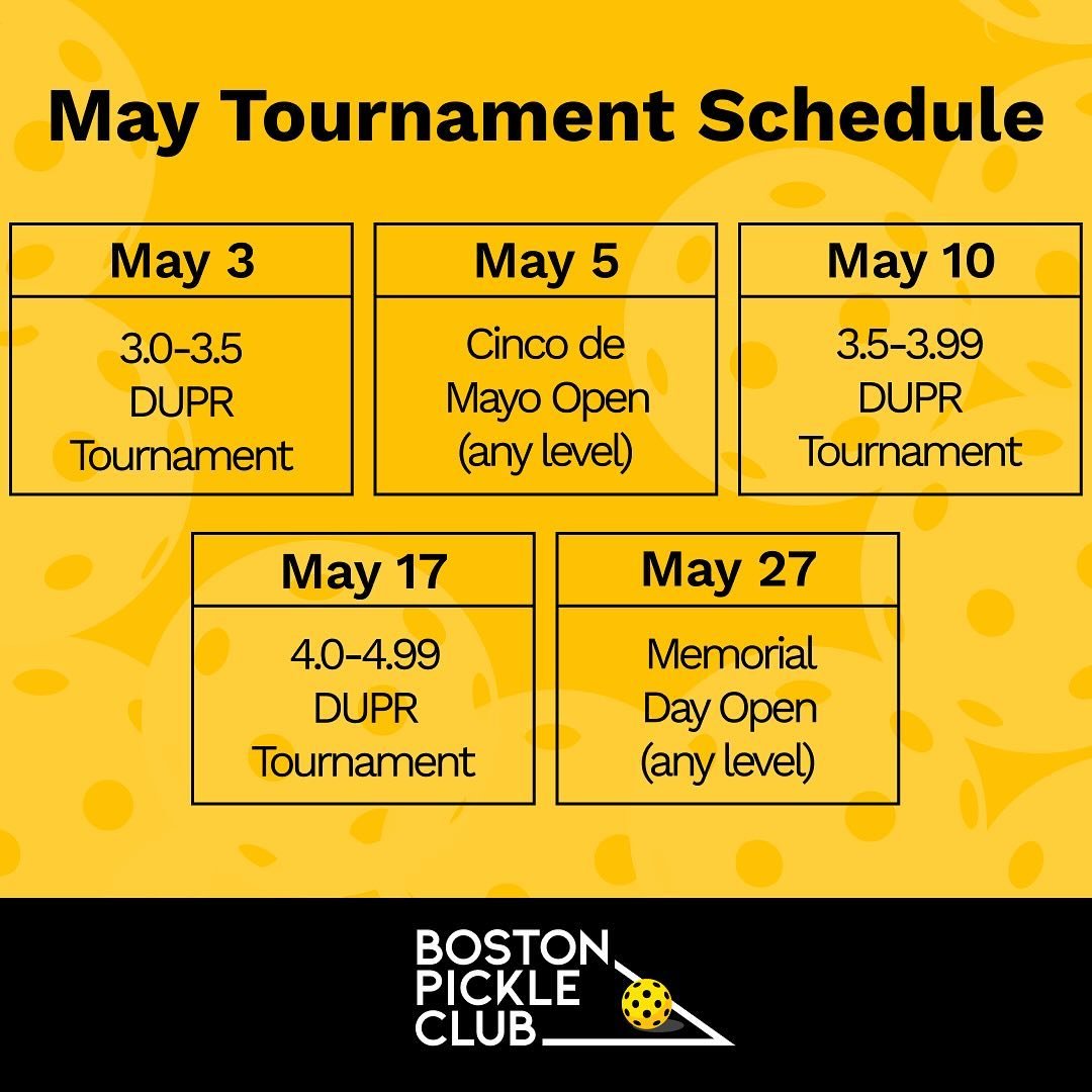 Ready, set, pickle! Get in on the action in May at one of our tournaments. 

See here for the month's lineup, and head to the link in our bio to secure your spot today. And make sure to tag us in your photos while there!

#BostonPickleClub #HydePark 