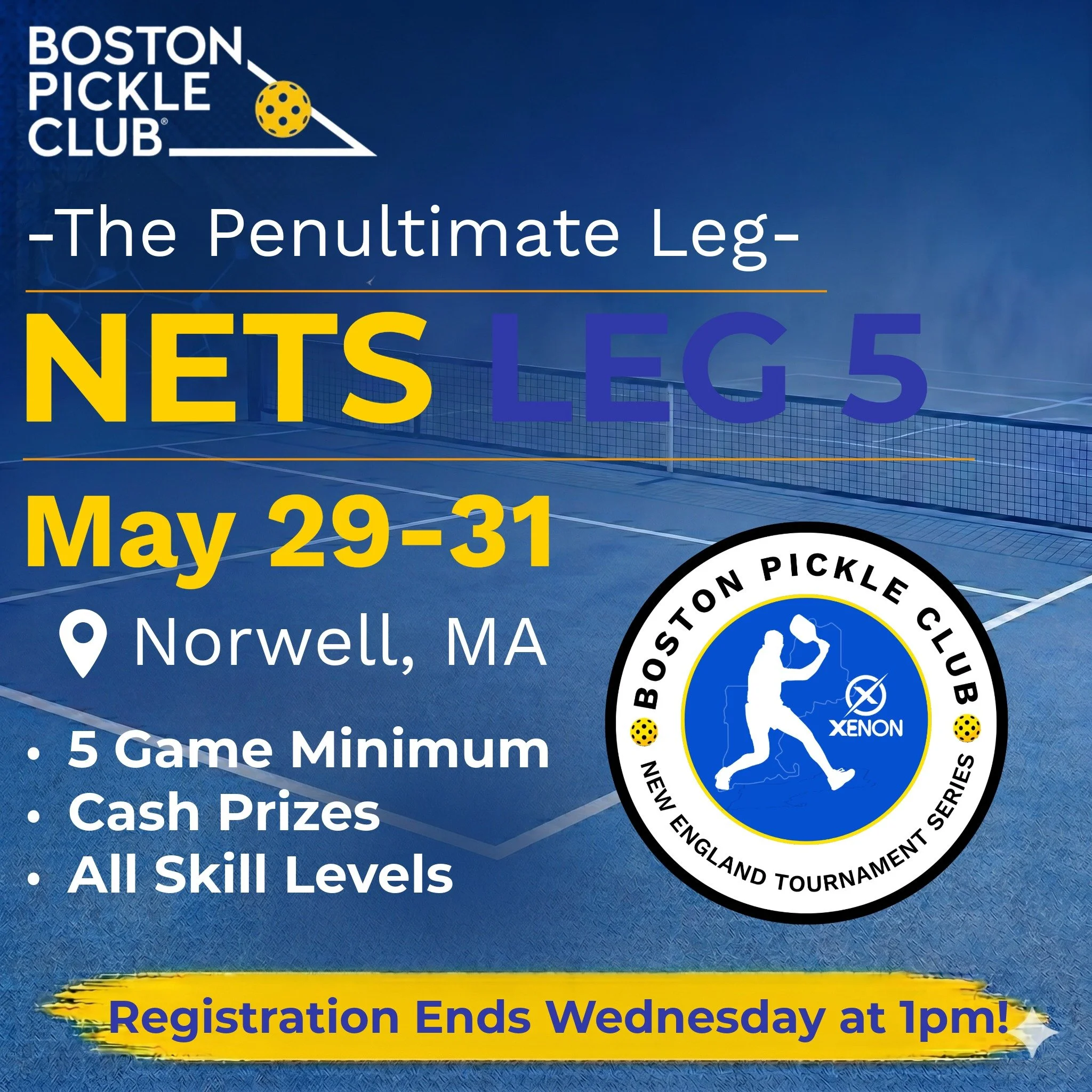 NETS #5 is headed to Norwell!

The 5th and penultimate stop of the New England Tournament Series is coming to the Boston Pickle Club, and you won&rsquo;t want to miss it. Get ready for a full day of great competition for ALL skill levels, great energ