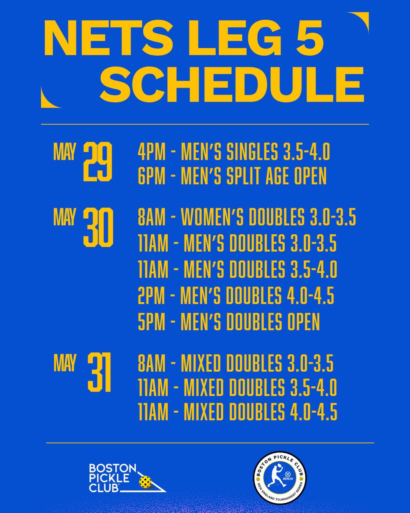 NETS LEG 5 SCHEDULE IS LIVE!

The brackets are set and the action kicks off today. 

Not playing? Come hang! Spectators are completely welcome. Grab a drink, cheer on the players, and catch some incredible pickleball. See you there! 

#BostonPickleCl