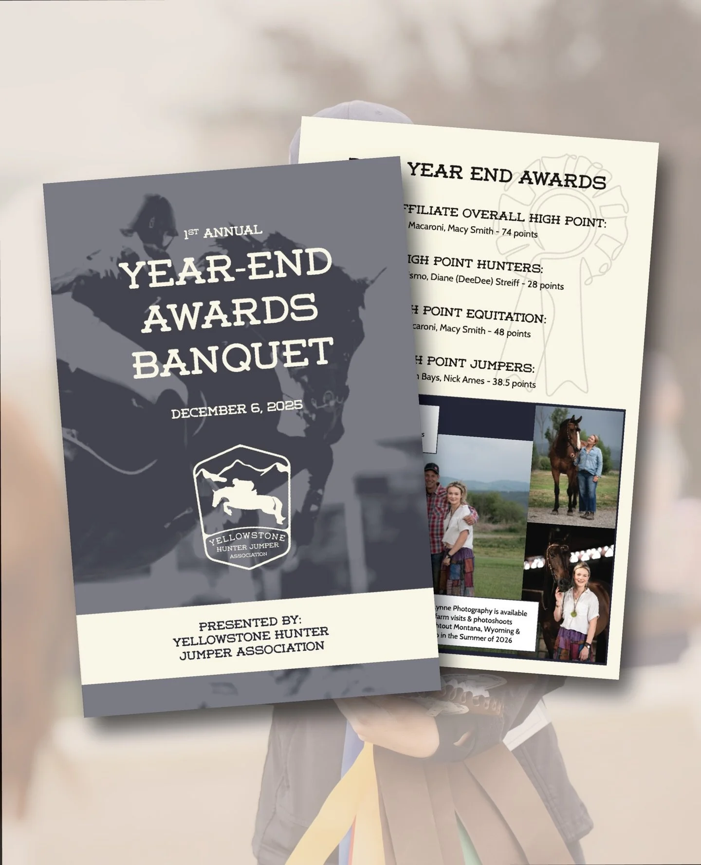 I never properly presented this print work done for @yellowstonehunterjumper at the beginning of December.✨

The YHJA needed a pamphlet for their end-of-the year awards banquet, that provided information from their show year and for the upcoming seas
