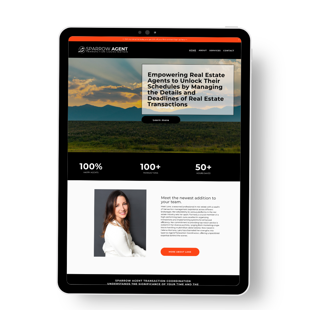 Tablet displaying Sparrow Agent website with a header image of a landscape and text promoting real estate transaction coordination services. Includes a profile section with a photo of a woman, and statistics on transactions and hours saved.