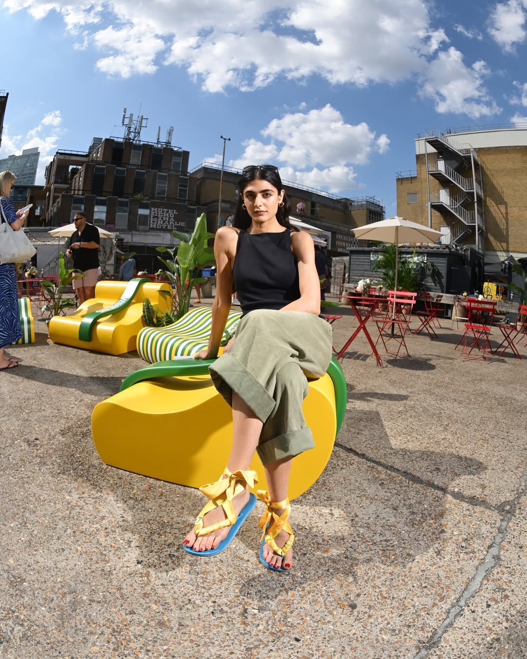 Fish eye photograph from the pop up retail activation event showing the multiple styles of seating we created for the Brand