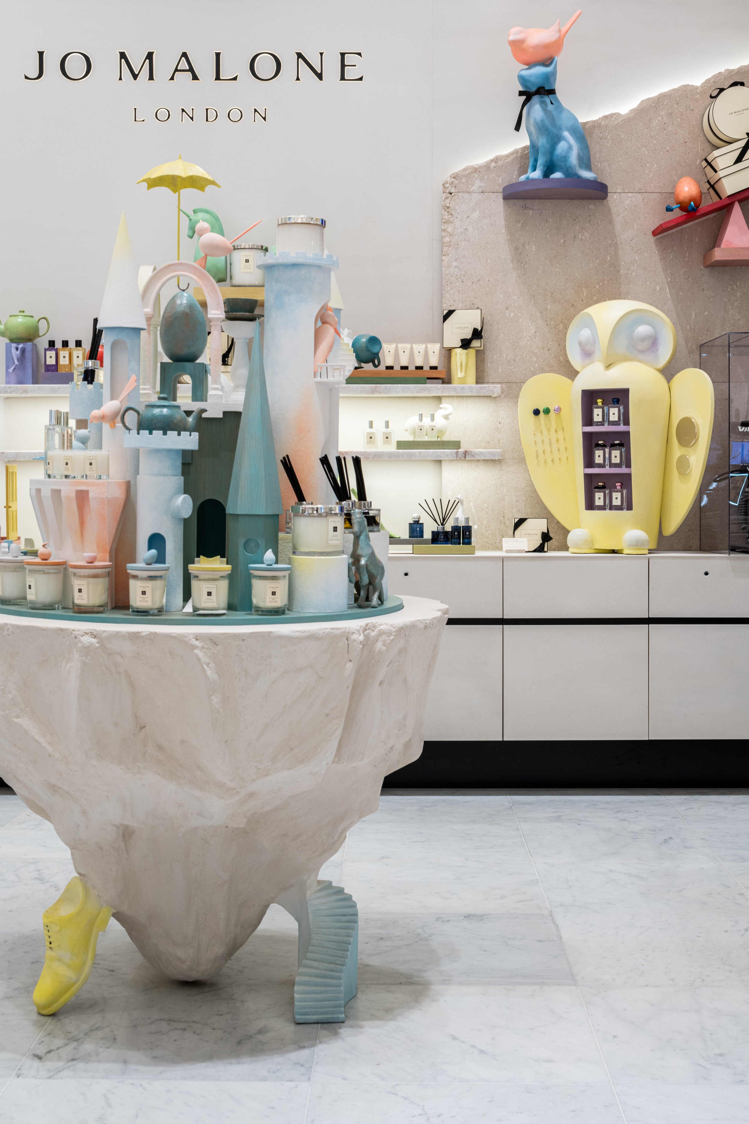 Set build for the Jo Malone concession in Selfridges London. This shop display includes custom made product mounts with hand painted sculptures and a miniature castle centre piece.