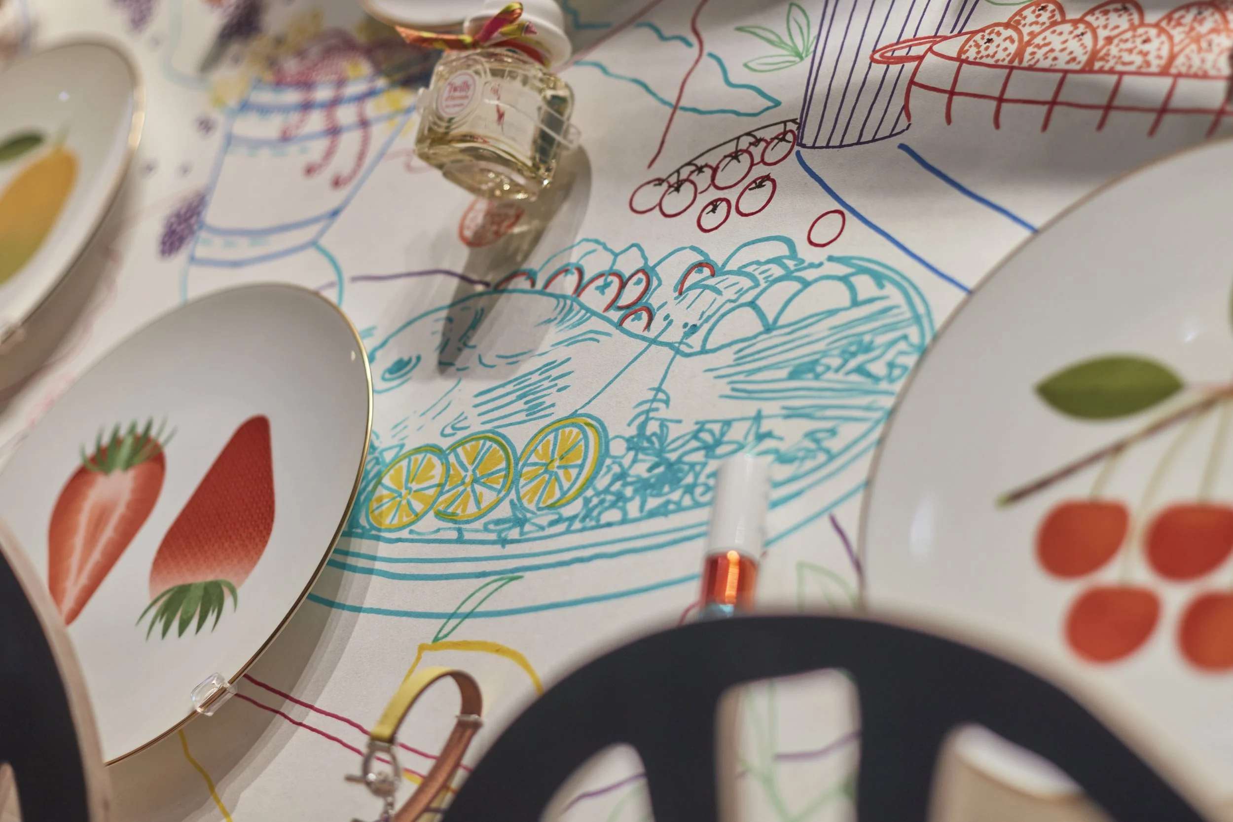 Close-up images of the hand-painted architectural forms, foliage elements and display features we fabricated for the Hermès “Internal Landscapes” windows, including product styling within the set. These details showcase our capabilities in fine-finis