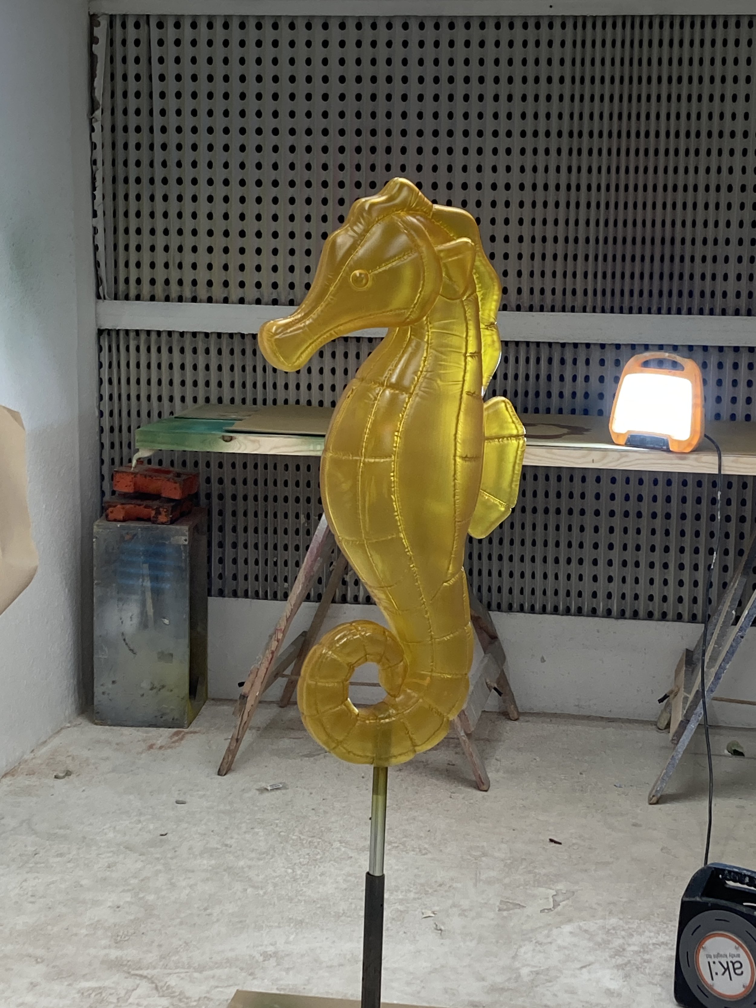 Finished large-scale seahorse sculpture, assembled and spray finished with a custom colour-matched semi-transparent coating for the Moncler 2026 campaign.