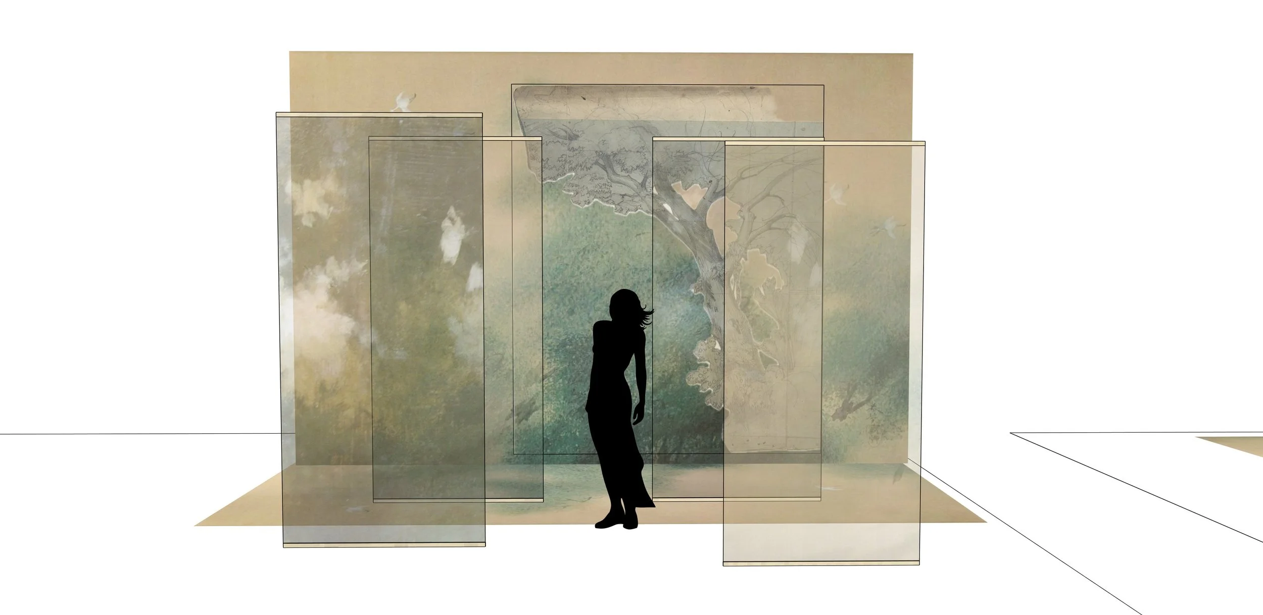 Original concept render by Andrew Clarkson, illustrating the layered translucent panels and scenic backdrop that informed the final set design for Graff's Butterfly campaign.